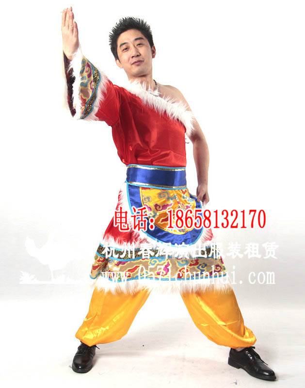 红色单肩男士藏族舞蹈服装_少数民族舞蹈演出服装
